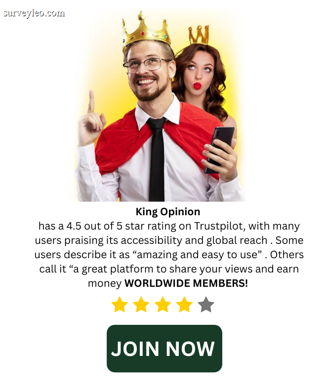King Opinion has a 4.5 out of 5 star rating on Trustpilot, with many users praising its accessibility and global reach . Some users describe it as “amazing and easy to use” . Others call it “a gre